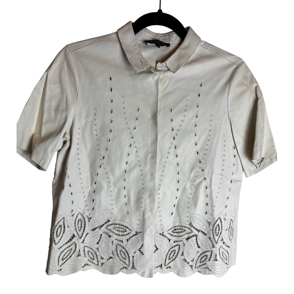 Lafayette 148 New York White Leather Laser Cut Eyelet Lace Shirt Women Small